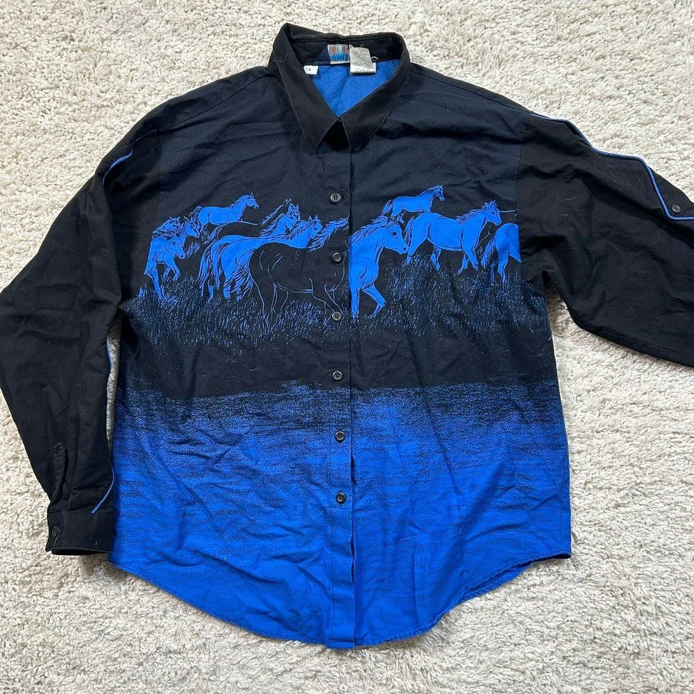 Vintage Brooks Dunn Panhandle Slim Shirt Large Black Blue Horse Graphic Western